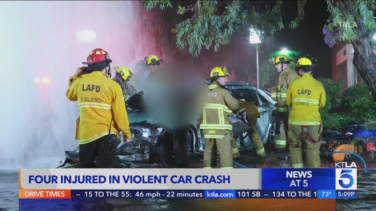 4 hospitalized in violent Woodland Hills crash