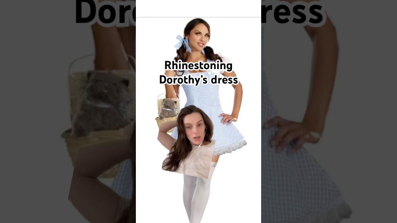 Rhinestoning Dorothy’s dress from wizard of oz for Halloween