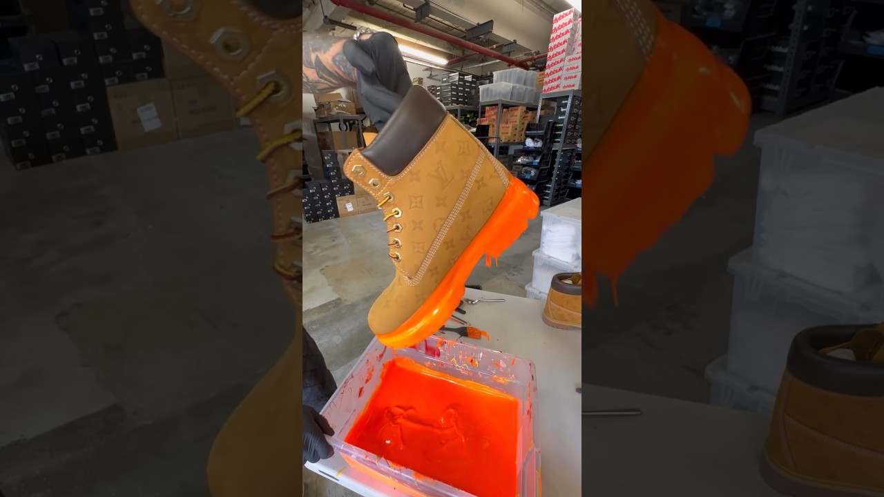 TANGERINE LOUIS TIMBS. Had to… #custom #dipped #timberland #boots #fyp #louisvuitton