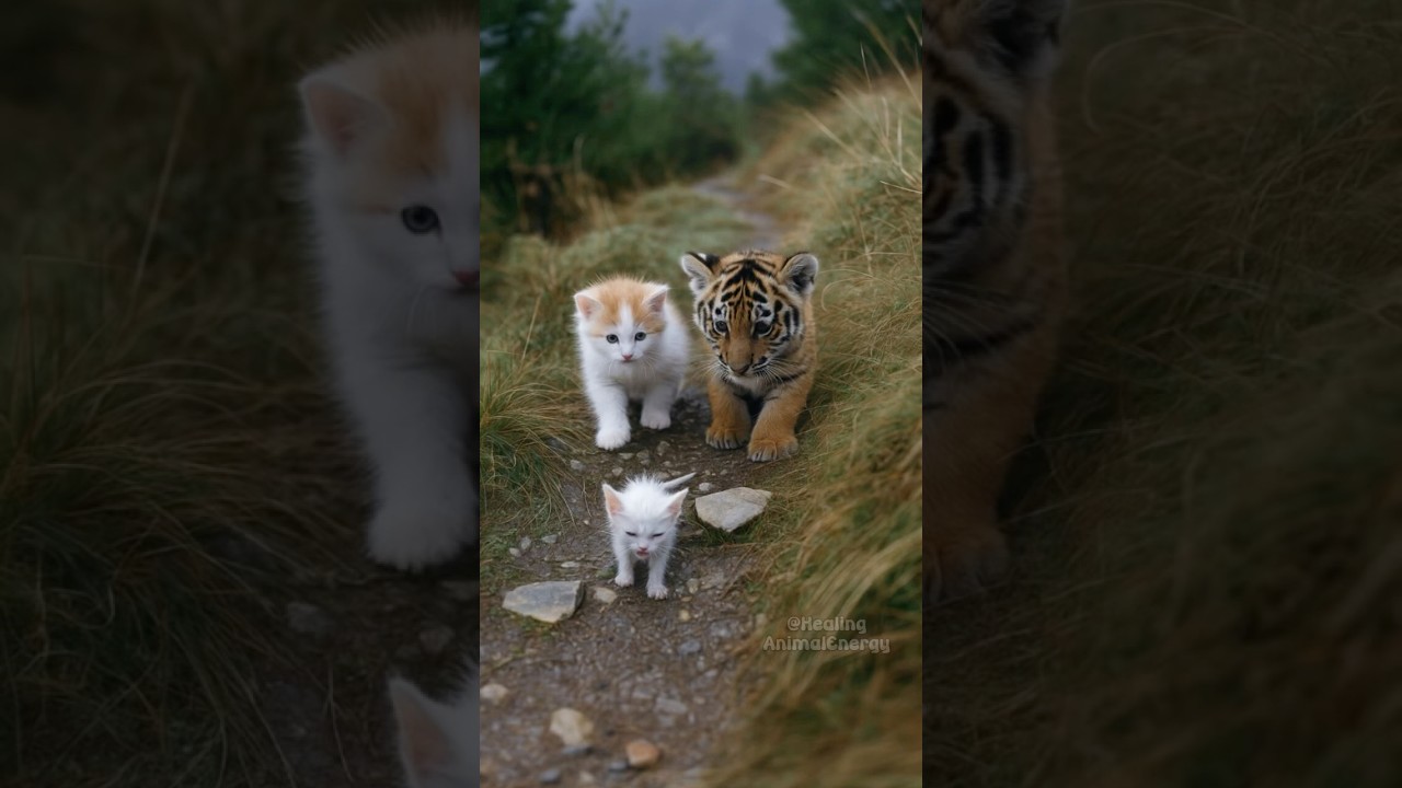 Tiger Cub and Kitten Follow a Lonely Little Cat