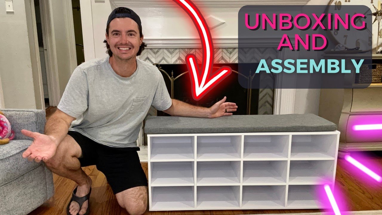 DINZI LVJ Shoe Storage Bench with Cushion, Cubby Shoe Rack with 12 Cubbies UNBOXING and ASSEMBLY!